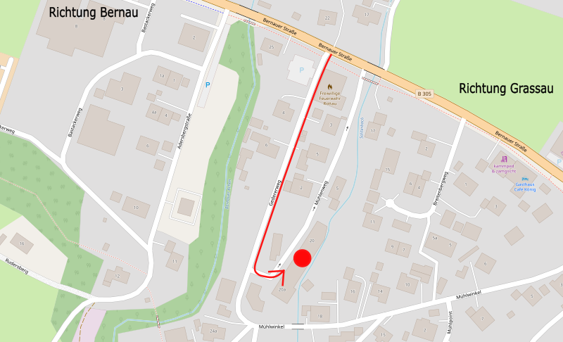 Standort von Baustoffe Gruber in Rottau mit Zufahrt über den Gedererweg.